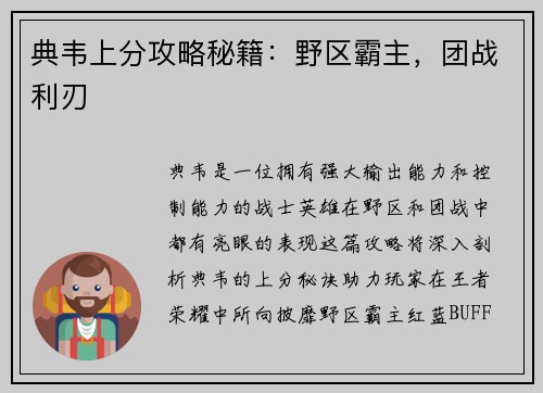 典韦上分攻略秘籍：野区霸主，团战利刃